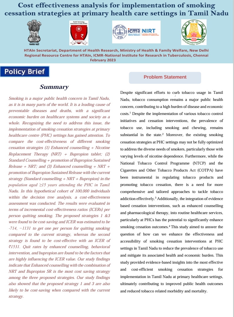 Cost effectiveness analysis for implementation of smoking cessation strategies at primary health care settings in Tamil Nadu