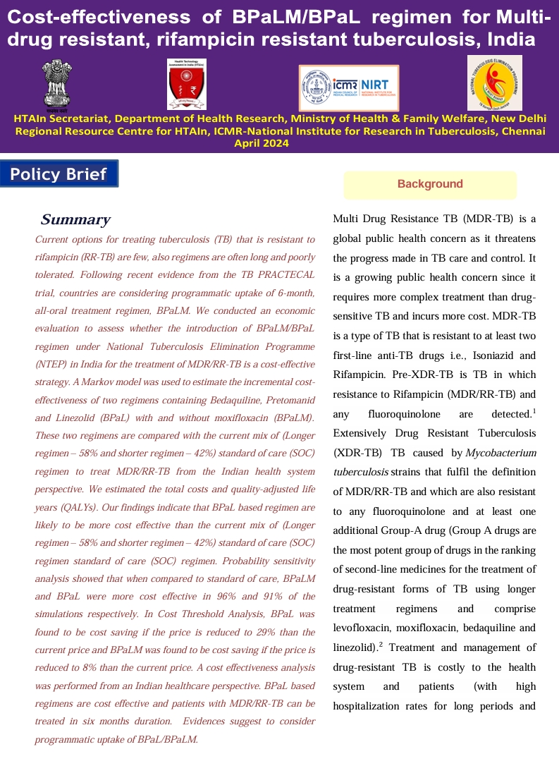 Cost-effectiveness of BPaLM/BPaL regimen for Multi-drug resistant, rifampicin resistant Tuberculosis, India
